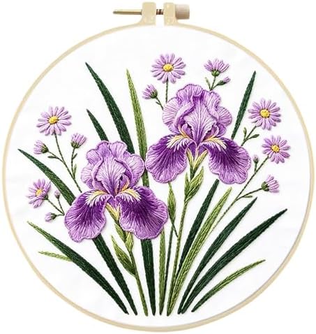 FRANDEK DIY Iris Stamped Embroidery Kit with Hoop for Adults by FRANDEK