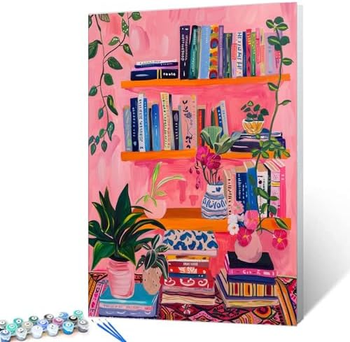 Bookshelf Book Theme Paint by Numbers Kits for Adult Beginners Boho Paint by Numbers Bohemian Digital Oil Painting Kits on Canvas with Brushes and Acrylic Pigment Without Framed 16''W x 20''H by Aihonmin