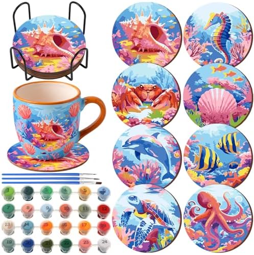 Reallnaive 8 Pcs Ocean Paint by Numbers Kit for Adults Wood Coastal Coaster by Reallnaive