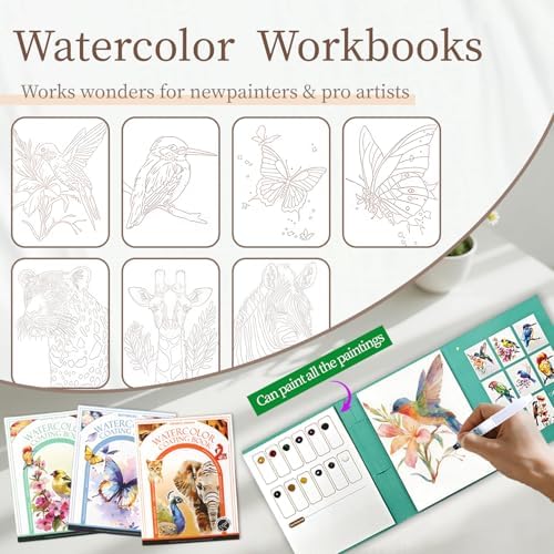 NaTuGi 3Pac Watercolor Workbook for Adults,Watercolor Coloring Book,Portable Watercolor Painting Books,Creative Stress Relief Kit,Suitable for Beginners Birthday Gift (Animal Series 3pc) - Image 2