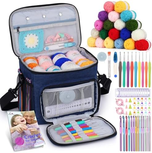 Aeelike 87PCS Crochet Beginner Kit for Adults,Portable Yarn Bag Kit,Navy by Aeelikescrochetworld
