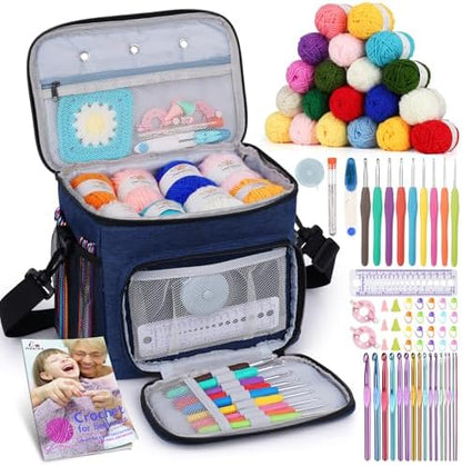 Aeelike 87PCS Crochet Beginner Kit for Adults,Portable Yarn Bag Kit,Navy by Aeelikescrochetworld