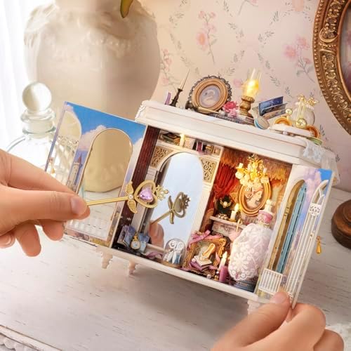 CUTEROOM DIY Miniature Dollhouse Kit Vintage European Wardrobe, 3D Wooden Diorama Cabinet with LED Light, Handcrafted Princess Palace Theme Desktop Ornament Collectible Gift for Adults - Image 5