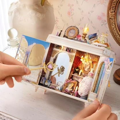 CUTEROOM DIY Miniature Dollhouse Kit Vintage European Wardrobe, 3D Wooden Diorama Cabinet with LED Light, Handcrafted Princess Palace Theme Desktop Ornament Collectible Gift for Adults - Image 5