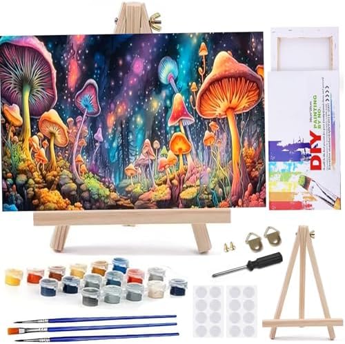 MaiMMaledy Paint by Numbers Kit for Adults Beginners 8Wx12L inch Canvas Pictures with Framed Drawing Painting Acrylic Pigment with Wooden Triangle Easel Colorful Magic Mushroom by MaiMMaledy