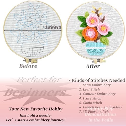 FONNUY Embroidery Kit for Beginners，3D Plants Flowers Pre-Stamped Pattern Kits Brightly Colored for Adults with Hoop (Pink Rose) - Image 4