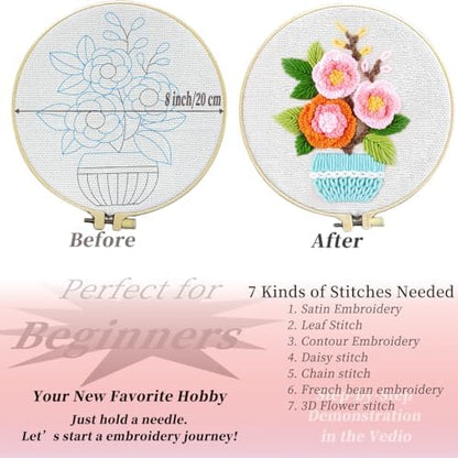 FONNUY Embroidery Kit for Beginners，3D Plants Flowers Pre-Stamped Pattern Kits Brightly Colored for Adults with Hoop (Pink Rose) - Image 4