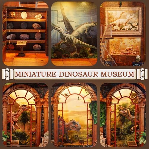 Dinosaur Museum Dollhouse Book Nook - 3D Wooden Puzzle with LED Lights, DIY Miniature Diorama for Bookshelf Decor, Unique Gift for Adults & Teens - Image 2