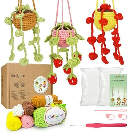 WaldyWop Crochet Kit for Beginners: 3 PCS Hanging Potted Crochet Plants Kits for Adults Kids 8-12 - Easy Video Tutorials & Printed Instructions & 40% Extra Yarn - DIY Birthday Gift Set for Girls Women by WaldyWop