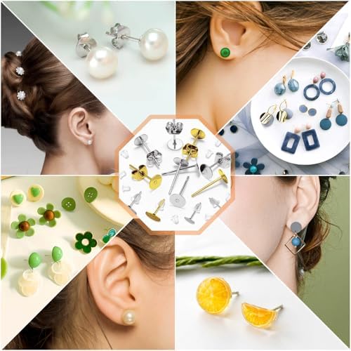 Hypoallergenic Earring Posts and Backs, Caffox 2000pcs Stud Earrings Making Kit with Ear Ring Base and Earring Backs for Leather Stud, Clay, Pearl Jewelry Making (Gold & Silver) - Image 3