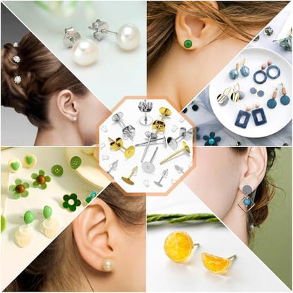 Hypoallergenic Earring Posts and Backs, Caffox 2000pcs Stud Earrings Making Kit with Ear Ring Base and Earring Backs for Leather Stud, Clay, Pearl Jewelry Making (Gold & Silver) - Image 3
