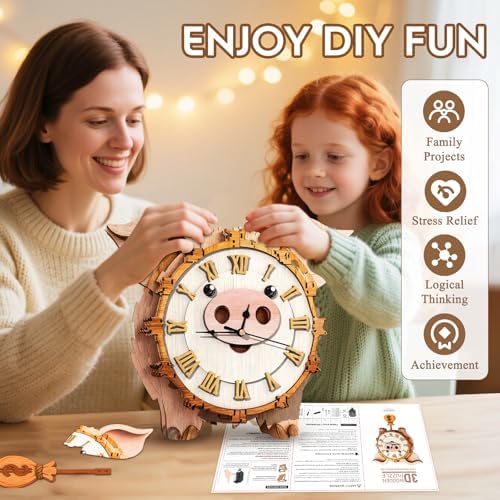 3D Puzzles for Adults Wooden Pig Puzzle Clock Adult Crafts - Image 5