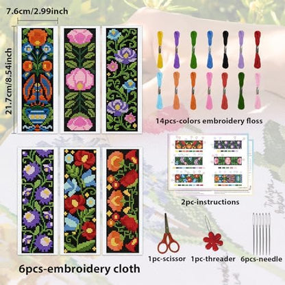 ACRNIGHEET 6PCS Cross Stitch Kits Stamped Cross Stitch Bookmark Kit for Beginner Adults Easy Flower DIY Embroidery Bookmark Kit Needlepoint Kits with Instructions Book Lovers Craft Gift 8.5''x3'' 11CT - Image 2