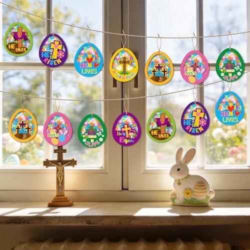 CJiangpo 24 Sets Religious Easter Egg Suncatcher Craft Kits, He is Risen DIY Stained Glass Window Ornament Rainbow Tissue Paper Art Craft for Classroom Sunday School Activities Christian Party Decor - Image 5