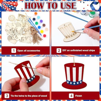 JellyArch 36 Pcs 4th of July Crafts Patriotic Wood Cutouts for Kids, 250th Anniversary Independence Day Blank Unfinished Wooden Shapes Slices Memorial DIY Hanging Ornaments for School Home Party - Image 4