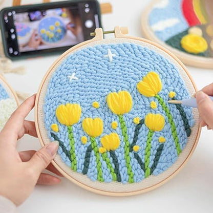 Woohome Punch Needle Kit Included Plastic Hoops, Punch Needle Cloth, Color Yarn and Punch Needle Tools for Adults, Beginners (9.Tulips and Chrysanthemums) - Image 2