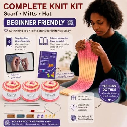 Knitting Kit for Beginners, Complete Starter Kit for Scarf, Hat, Gloves - Image 2