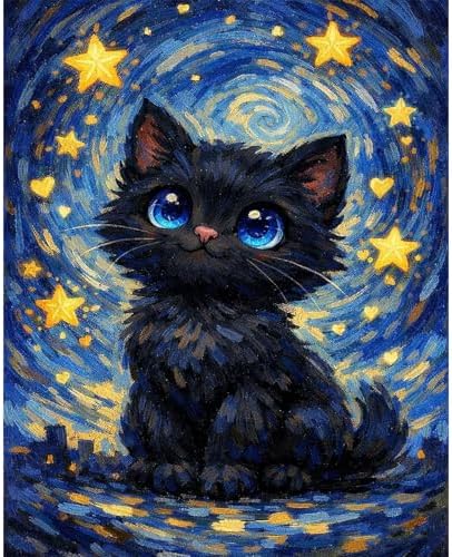 xackcme Cat Paint by Numbers for Adults - Starry Sky Paint by Number on Canvas Without Frame, DIY Black Cat Oil Painting for Gift Home Wall Decor (16x20 inch) by xackcme