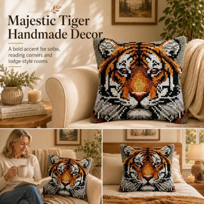 Tiger Latch Hook Pillow Kits for Adults Beginners, Pre-Prined, 17" x 17" - Image 2
