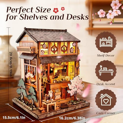 Book Nook Kit, DIY Miniature House Kit for Adults & Teens, Japanese Street Shop Scene Bookshelf Insert Decor with LED, 3D Wooden Puzzle Gift for Book Lovers (Sakura Street Shop) - Image 6