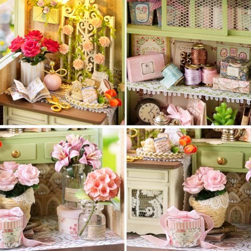 DIY Miniature Dollhouse with LED Lights, Wooden Dollhouse Book Nook Kit for Desktop, Bookshelf Decor, Gifts for Friends, Family (Flower Language Season) - Image 3