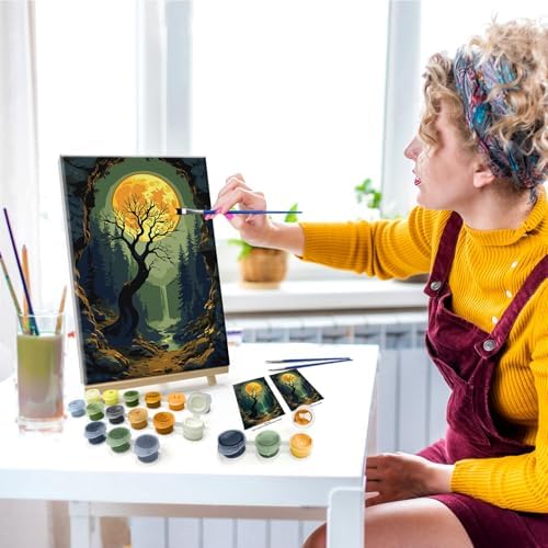 JOOZ Paint by Numbers Kit for Adults with Frame Moon Paint by Number with Easel Tree Adult Paint by Number Kits Framed Canvas Mountain Waterfall Oil Painting Kits for Gift Home Wall Decor 8x12 Inch - Image 5