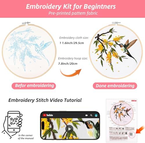 Sopoloray 4 Pack Hummingbird Embroidery Kit for Beginner Adults,Floral Patterns Starter Kit for Adults with Embroidery Hoop,Threads,Needles,Scissors,Instructions - Image 3