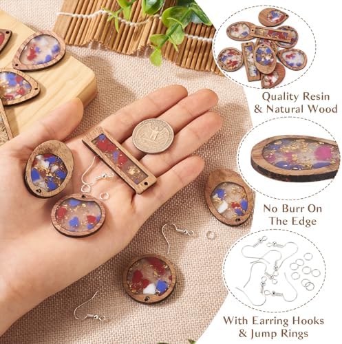 Boutigem 50Pcs Geometrical Wood Earring Pendant Set with Teardrop Flat Round Rectangle Oval Resin Wood Statement Charms Earring Hooks Jump Rings for Vintage Jewelry Making Supplies - Image 3