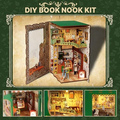 Book Nook Kit,DIY Miniature House Kit for Adults, Teens and Beginners, Dollhouse Booknook Cat Cafe Tiny House Bookshelf Decor 3D Wooden Puzzle, Gifts for Family, Friends - Image 2