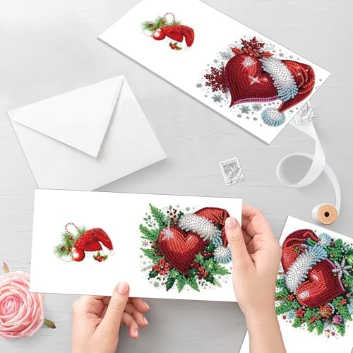 antor 6 Pack 5D Christmas Diamond Painting Cards, Heart Design with Santa Hat DIY Diamond Art Cards with Envelopes, Handmade Rhinestone Valentine’s Day Greeting Card Set for Adults - Image 6