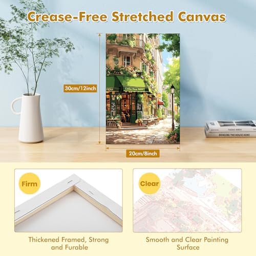 Bowetile Framed Street Cafe Paint by Numbers Kit for Adults, Adults' Paint-by-Number Kits on Canvas, Painting by Numbers Spring, DIY Acrylic Number Painting for Home Wall Decor, 8x12in - Image 2
