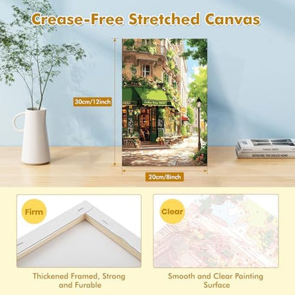 Bowetile Framed Street Cafe Paint by Numbers Kit for Adults, Adults' Paint-by-Number Kits on Canvas, Painting by Numbers Spring, DIY Acrylic Number Painting for Home Wall Decor, 8x12in - Image 2