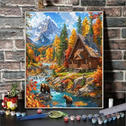Mountain Paint By Numbers Kit For Adults Cabin Adult Paint By Number Kits On Canvas Bear Village Oil Painting Kit For Beginners Adults' Paint-By-Number Kits For Gift Home Wall Decor 16x20 Inch - Image 2