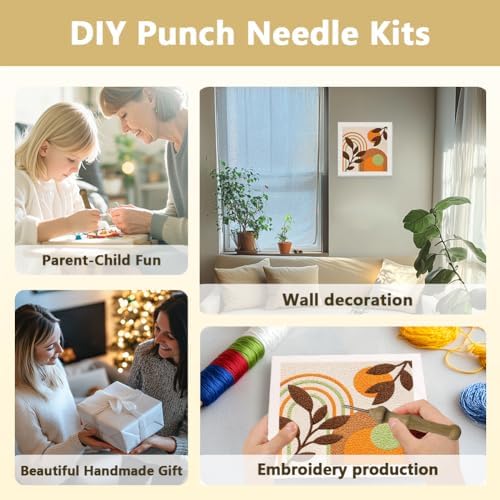 DOODLREAM Boho Rainbow Leaf Needle Kit for Beginner, 9.4"x 9.4" Geometric Plant Punch Stitching Craft Set, Color DIY Embroidery Starter with Printed Frame, Instruction, Threader, Yarn, Pinch Needle - Image 4