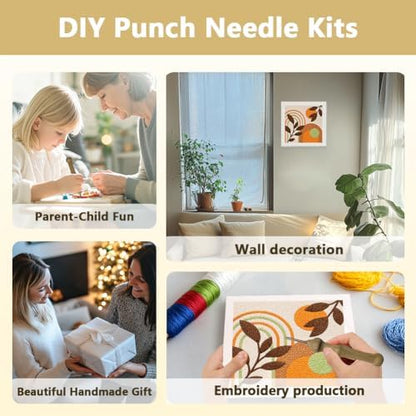 DOODLREAM Boho Rainbow Leaf Needle Kit for Beginner, 9.4"x 9.4" Geometric Plant Punch Stitching Craft Set, Color DIY Embroidery Starter with Printed Frame, Instruction, Threader, Yarn, Pinch Needle - Image 4