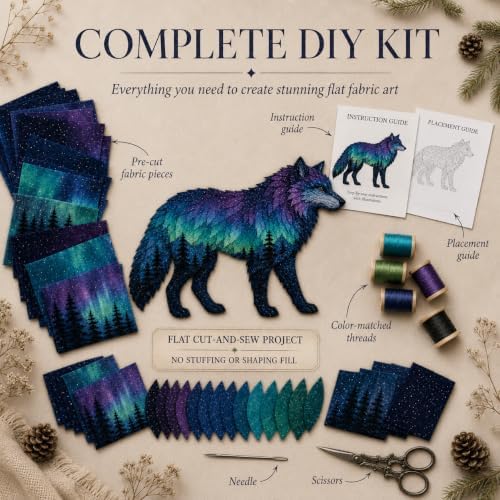 Northern Lights Animal Embroidery Kit DIY Fabric Patchwork Craft Set (WOLF) - Image 5