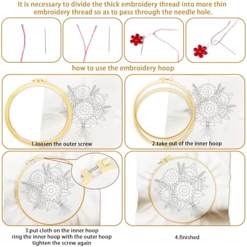 BEUNITONE 4pcs Embroidery Kit, Flower Stamped Embroidery Kits with Hoop, Thread & Needles, Colorful Bouquet Cross Stitch Kits Sewing Gifts for Adults and Beginners, DIY Craft for Relaxation - Image 3