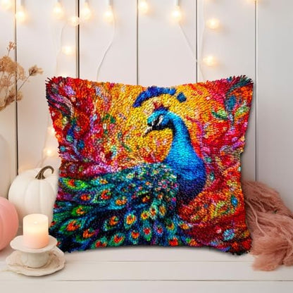 Colorful Peacock DIY Latch Hook Pillow Kits for Adults Printed Pillowcase Crochet Yarns Hooking Handmade Pillow Cover Cushion for Home Sofa Decoration 17x17inch - Image 5