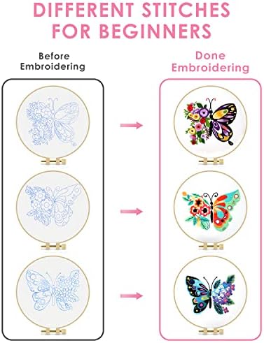 TINDTOP 3 Sets Embroidery Stitch Practice kit, Butterfly Flower Embroidery Kit for Beginners Include Cloth Hoops Threads for Craft Lover Hand Stitch with Embroidery Skill Techniques - Image 3