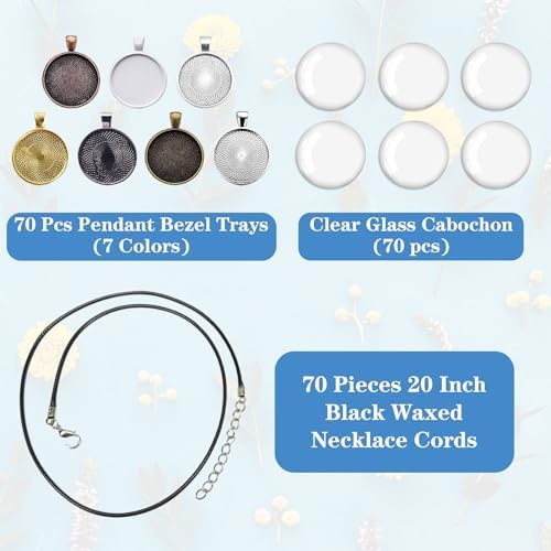 210Pcs Pendant Trays Kit, Bezel Pendant Trays Charms Bulk with Glass Cabochon and Necklace Cords Set for Homemade Necklaces, Jewelry Making, DIY Crafts, Resin Art and Paint Pour Skins - Image 3