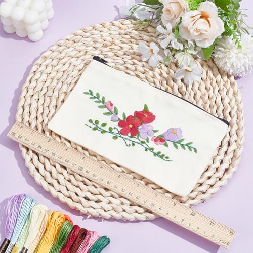 WEBEEDY 3 Sets DIY Embroidery Makeup Pouch Kit Complete Pouch Bag Set with Plants Water-Soluble Patterns, Embroidery Hoop, Thread, for Beginners Women Birthday Sewing Gift, 4.72 * 8.07INCH - Image 5