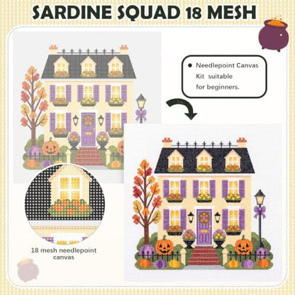 XunYee Needlepoint Canvas Kit, Halloween Happy Neighborhood Trick or Treat Townhouse - Image 3