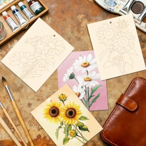 15 Pcs Unfinished Wood Crafts to Paint for Adults, 5.9x4.7 Inch Flowers Paintable Wood Slices Craft Supplies with Ropes, Bulk Predrilled Wooden Ornaments for DIY Painting Craft Decor - Image 4