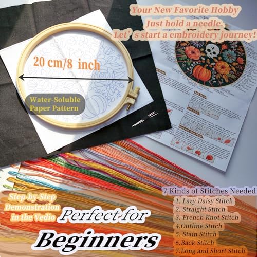 FONNUY Halloween Embroidery Kits for Beginners,Skull Pumpkin Spider Web Floral Stamped Cross Stitch Kit for Adults, Spooky Season Boho Wall Decor, 8'' Hoop (Skull 2) - Image 5