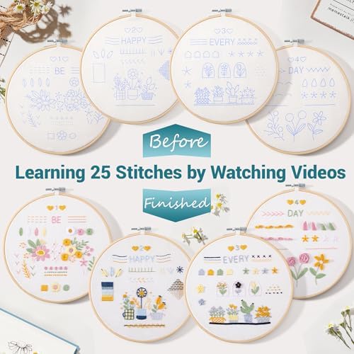 VIVIDOX 4 Sets Embroidery Kit for Beginners Adults, 25 Stitches Practice Kits Cross Stitch for Starter, DIY Hand Craft with Stamped Pattern, Bamboo Hoop, Threads, Scissors, Tools, Instruction - Image 4