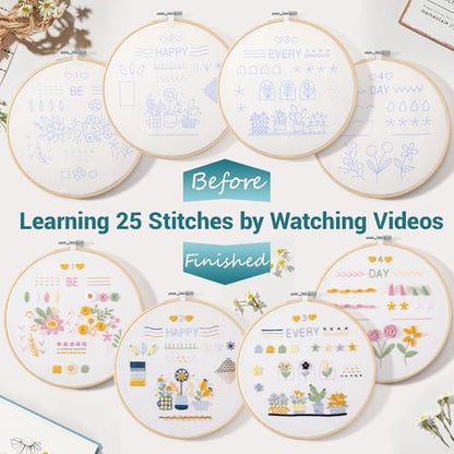 VIVIDOX 4 Sets Embroidery Kit for Beginners Adults, 25 Stitches Practice Kits Cross Stitch for Starter, DIY Hand Craft with Stamped Pattern, Bamboo Hoop, Threads, Scissors, Tools, Instruction - Image 4
