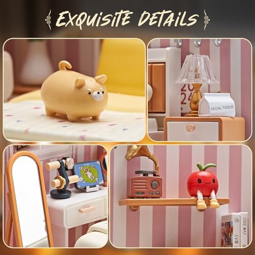 DIY Miniature Bedroom Kit, 82Pcs Cozy Dollhouse Room with LED Light - Image 3