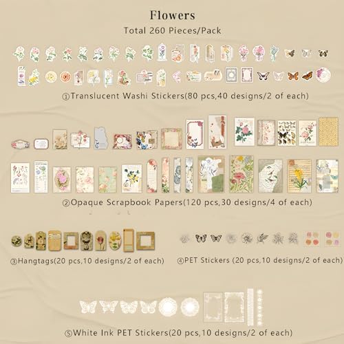 Teniinet 260 PCS Vintage Scrapbooking Supplies Kit for Beginners (Flowers) - Image 2