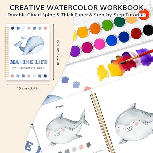 Easy Marine Life Watercolor Workbook for Beginners, Water Coloring Book, 18 Colors Watercolors Paint Set, 12 Patterns Ocean Dreams Watercolor Kit, Fun Family Art Activity, Gift for Adults Teen - Image 2
