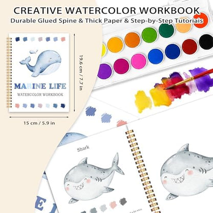 Easy Marine Life Watercolor Workbook for Beginners, Water Coloring Book, 18 Colors Watercolors Paint Set, 12 Patterns Ocean Dreams Watercolor Kit, Fun Family Art Activity, Gift for Adults Teen - Image 2
